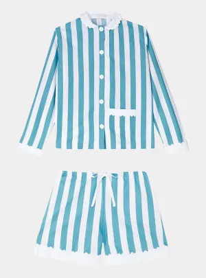 100% Cotton Poplin Blue & White Stripe Pyjama Short Set