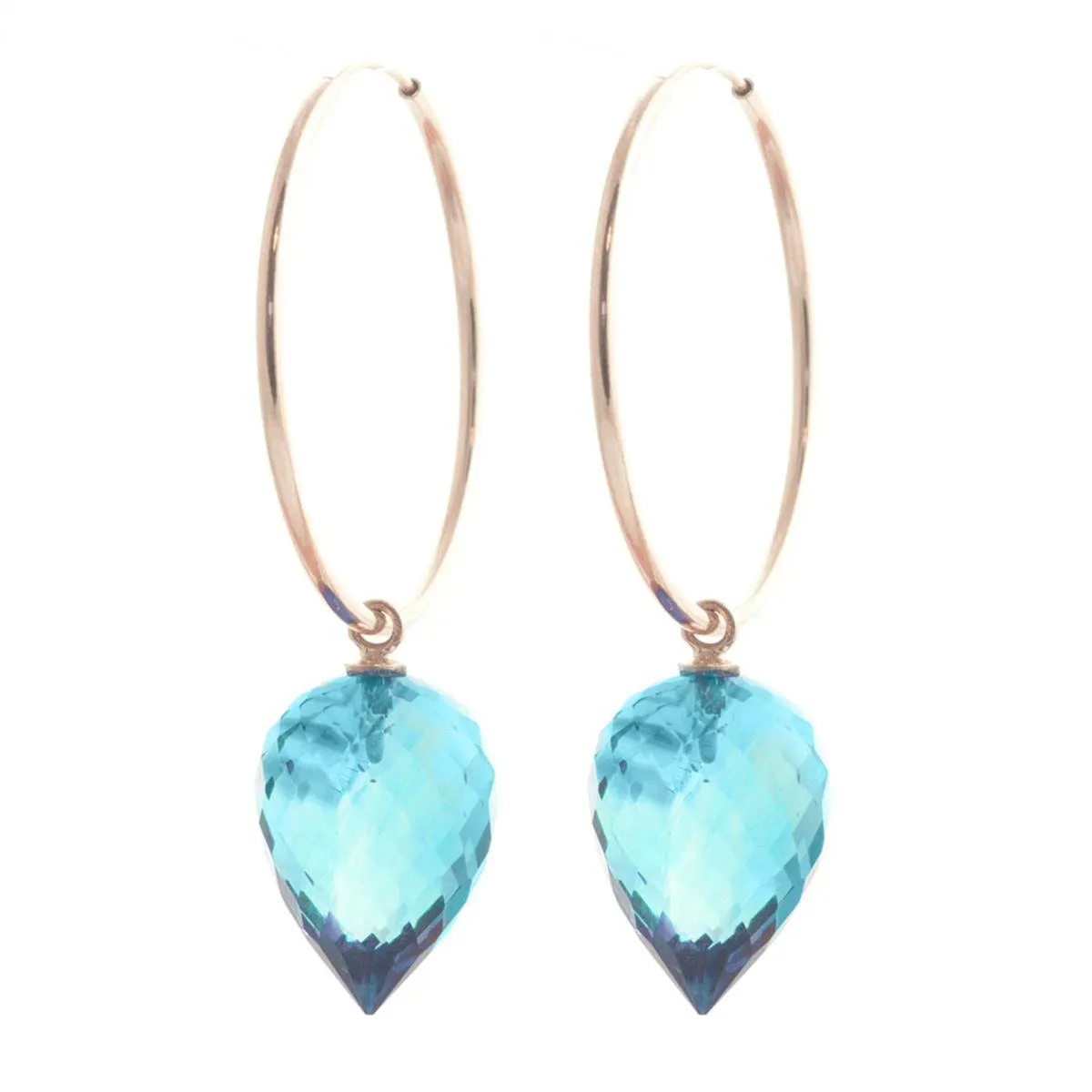 14K Solid Rose Gold Hoop Earrings w/ Pointy Briolette Drop Blue Topaz