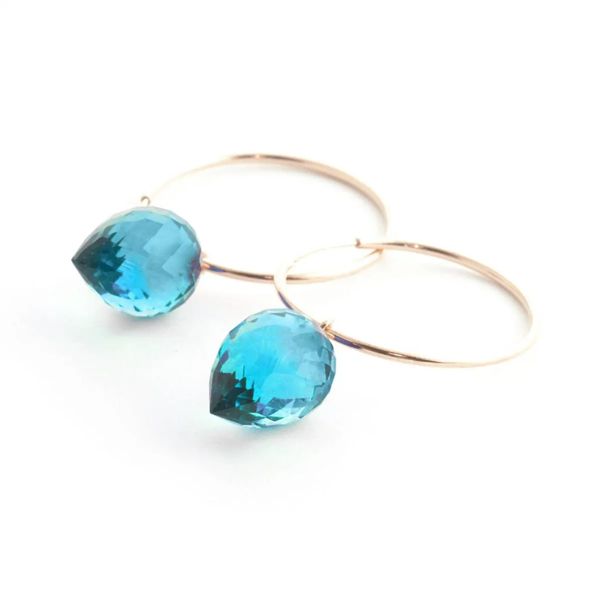 14K Solid Rose Gold Hoop Earrings w/ Pointy Briolette Drop Blue Topaz
