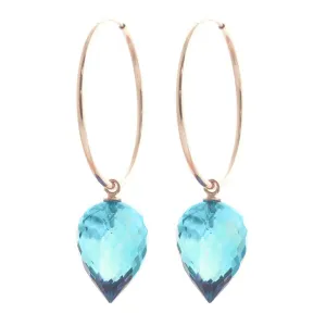 14K Solid Rose Gold Hoop Earrings w/ Pointy Briolette Drop Blue Topaz