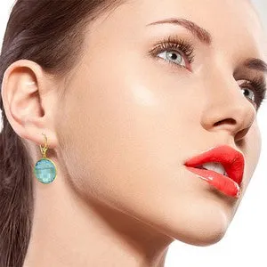 14K Solid Yellow Gold Leverback Checkerboard Cut Round Blue Topaz Earrings
