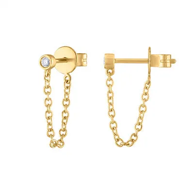 14KT GOLD DIAMOND MINI BEZEL CHAIN EARRING