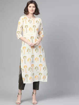 Adults-Women White & Orange Cotton Straight Floral Printed Kurta