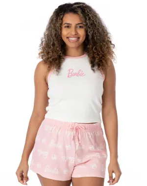 Barbie Womens White Vest T-Shirt Pink Shorts Pyjamas