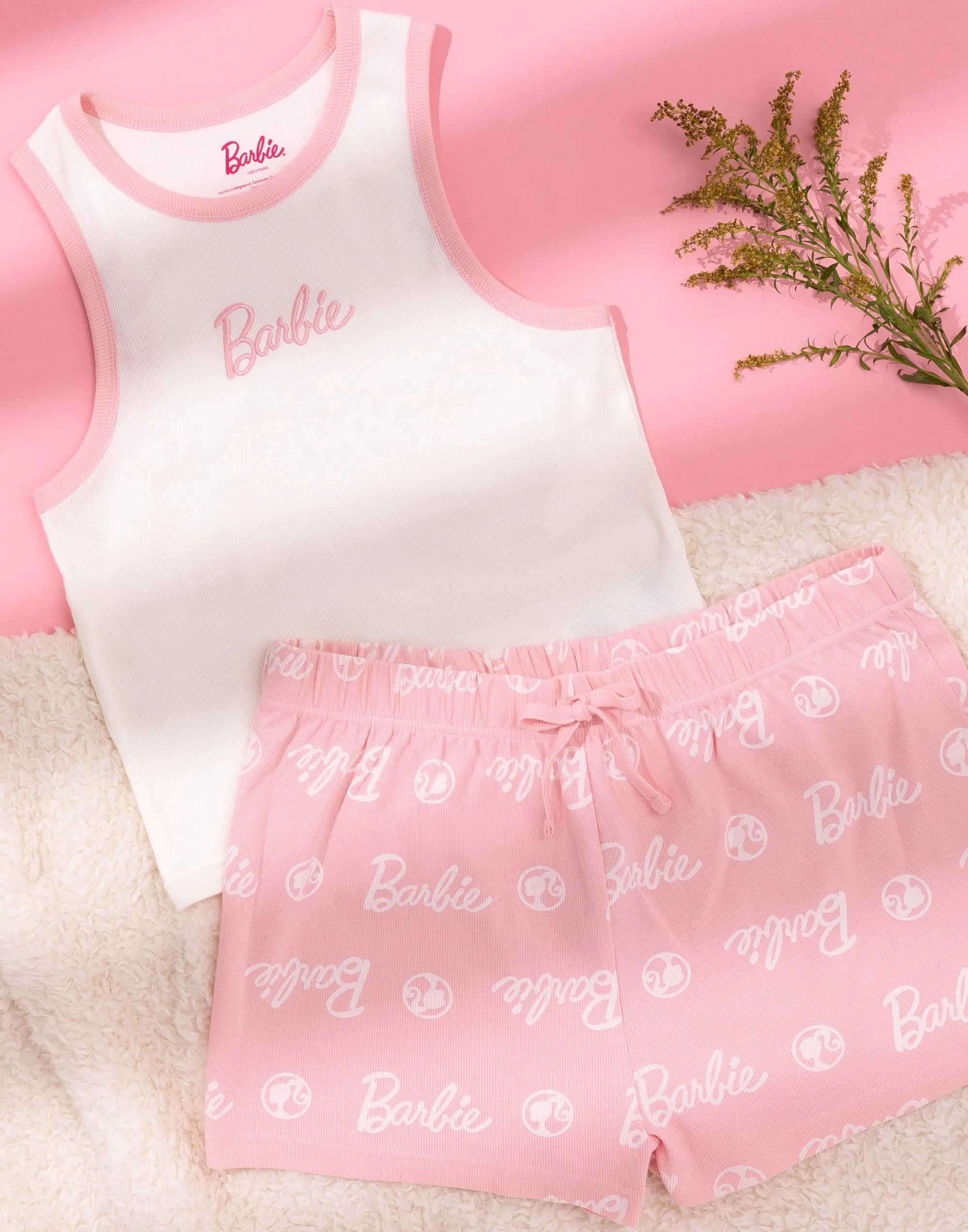 Barbie Womens White Vest T-Shirt Pink Shorts Pyjamas