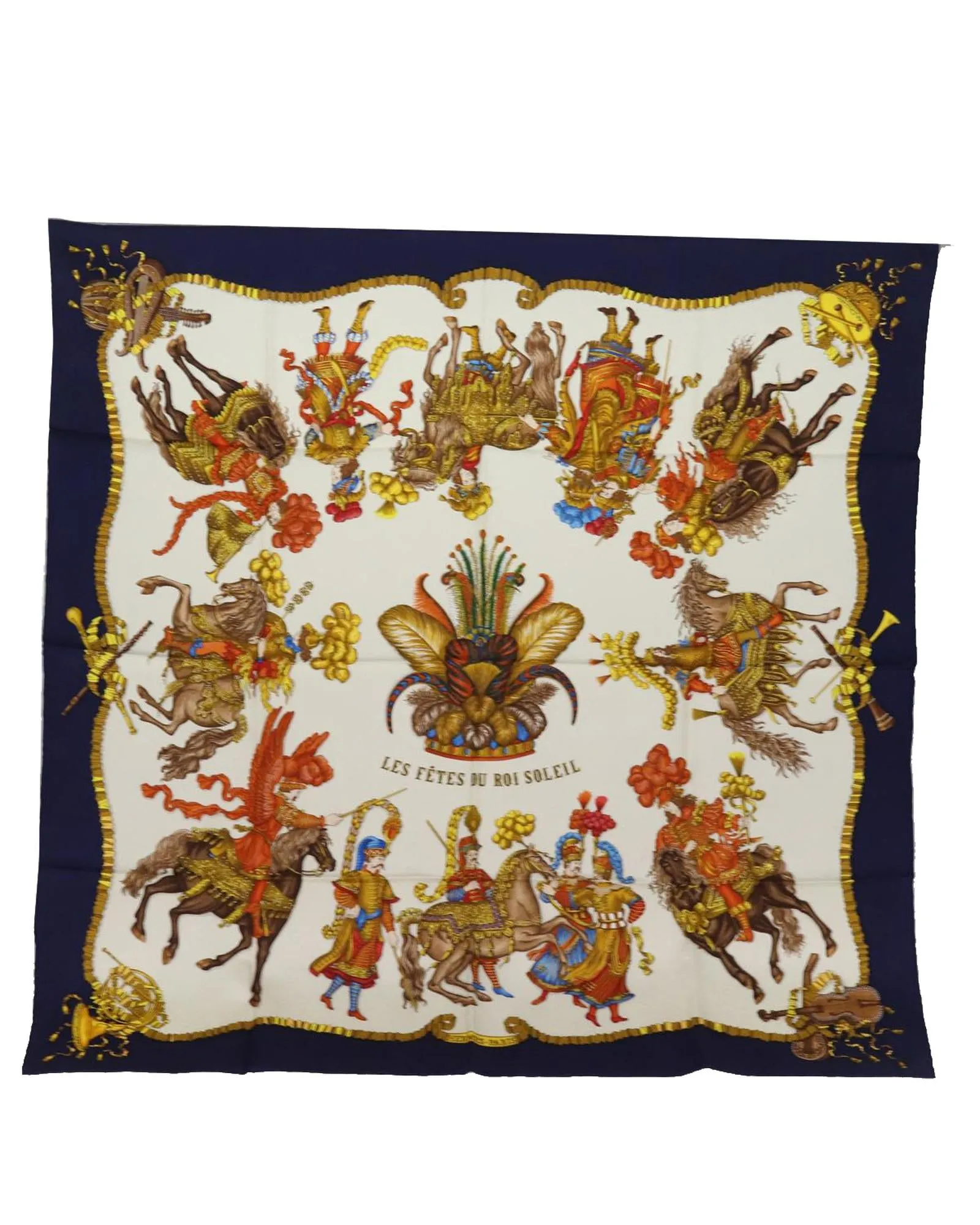 Blue Silk Carre 90 Scarf with Les Fetes du Roi Soleil Design