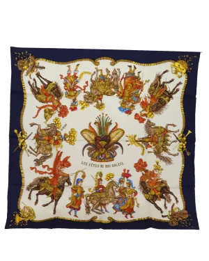 Blue Silk Carre 90 Scarf with Les Fetes du Roi Soleil Design