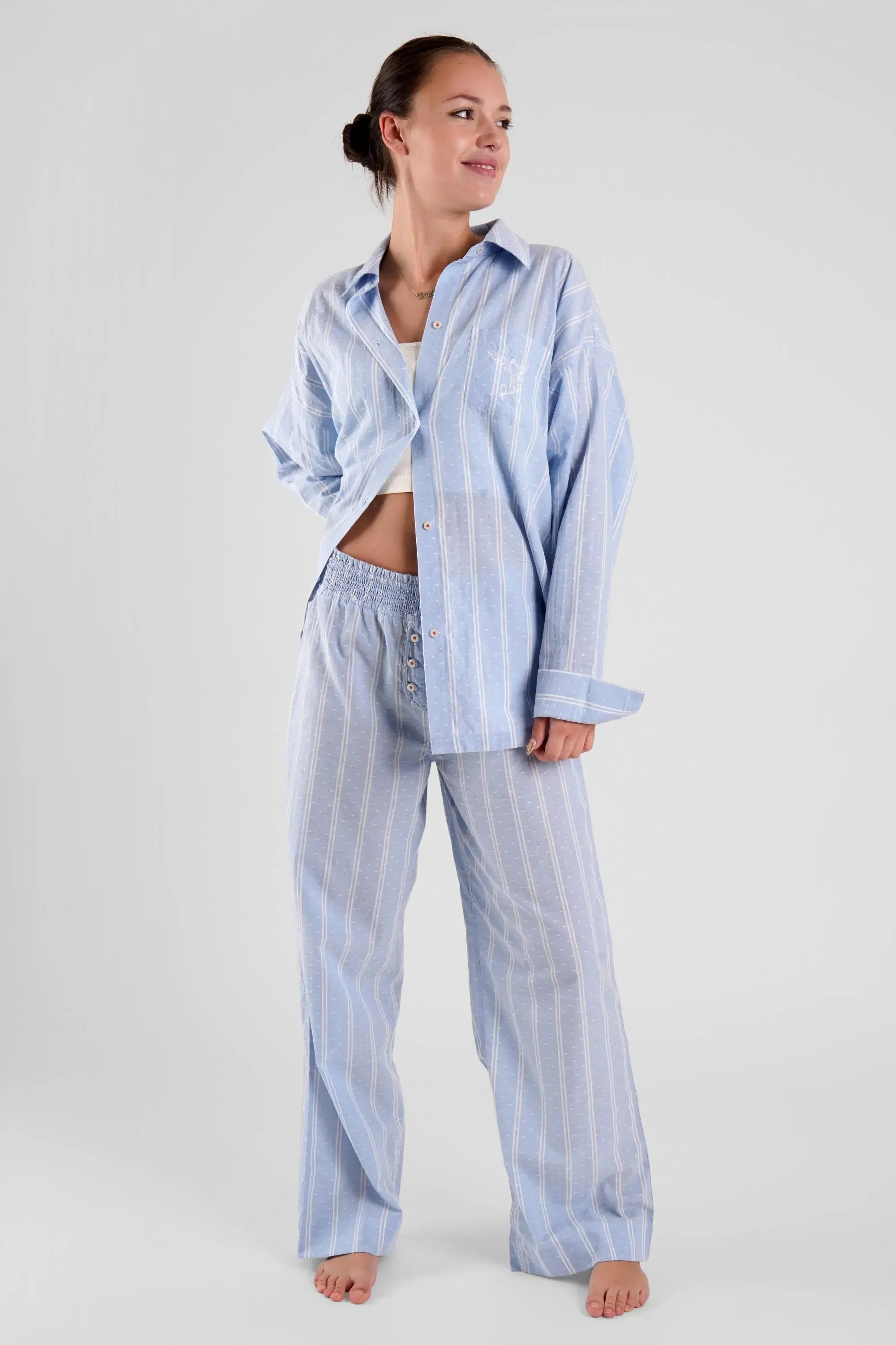 Chicory Striped Ethical-Cotton Pyjama Trousers - Glacier Blue