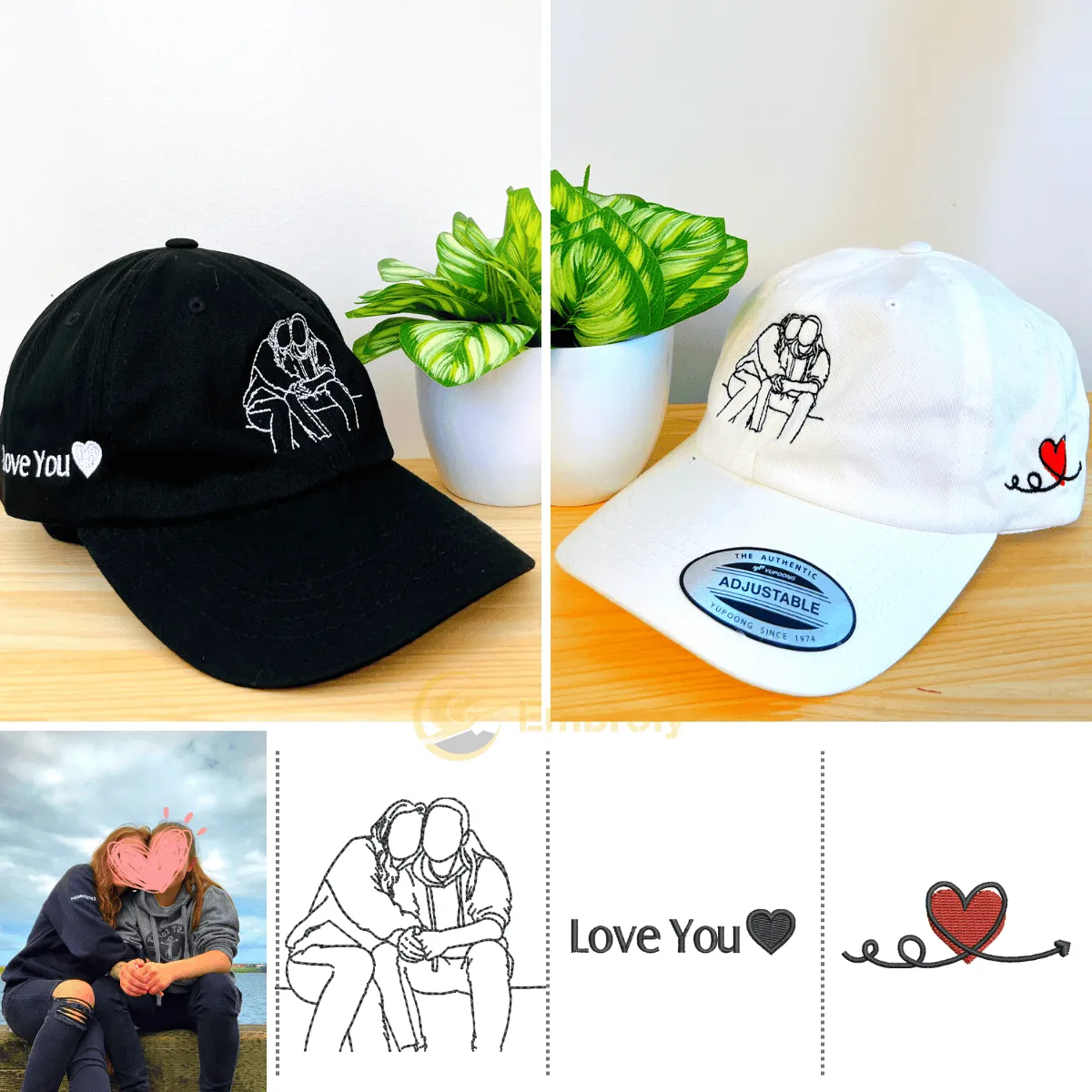 Custom Matching Couple Dad Hat Embroidery From Photo, Personalized With Name On Side