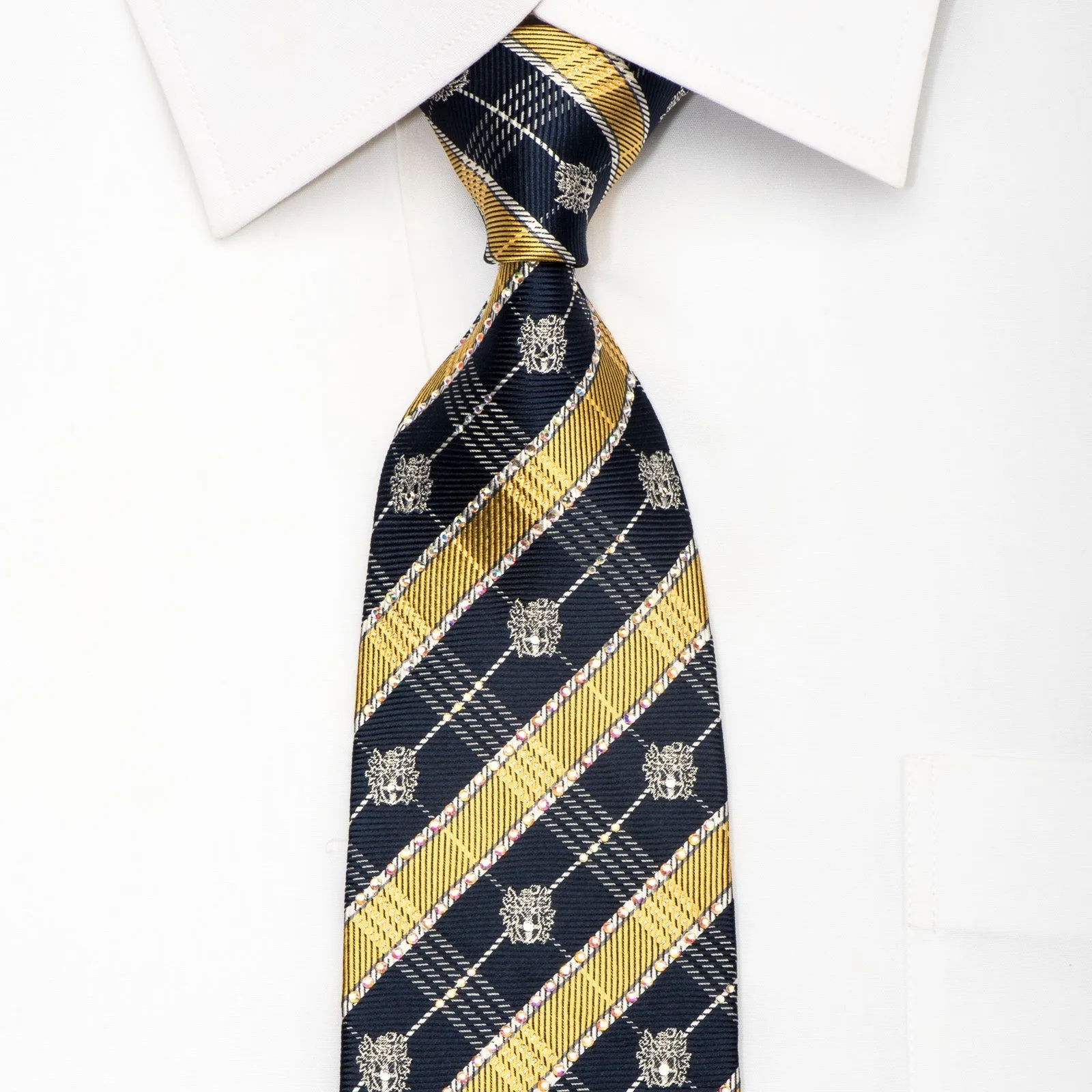 Daks Men's Silk Tie Gold Navy Silver Striped Sparkling With Crystal Rhinestones
