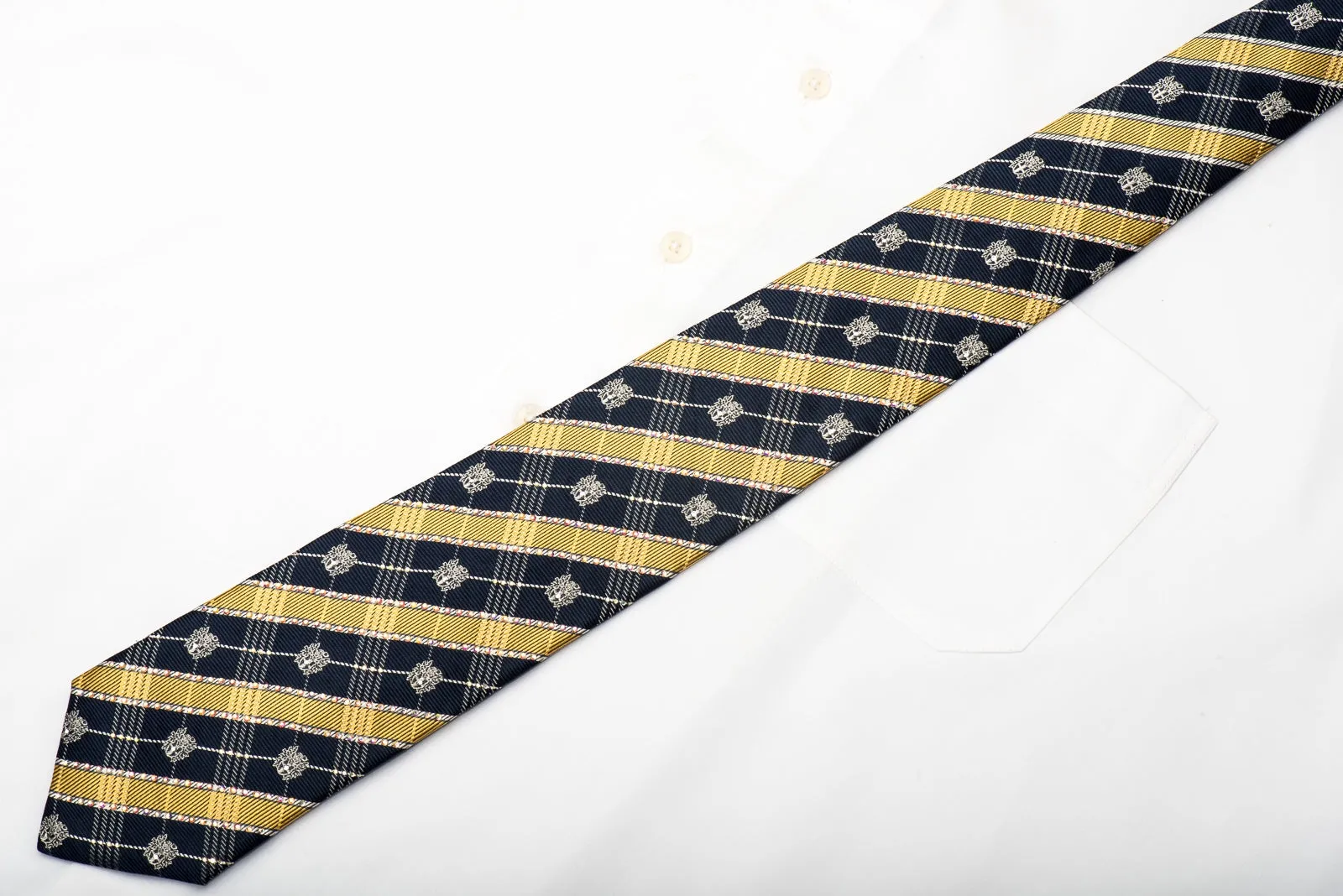 Daks Men's Silk Tie Gold Navy Silver Striped Sparkling With Crystal Rhinestones