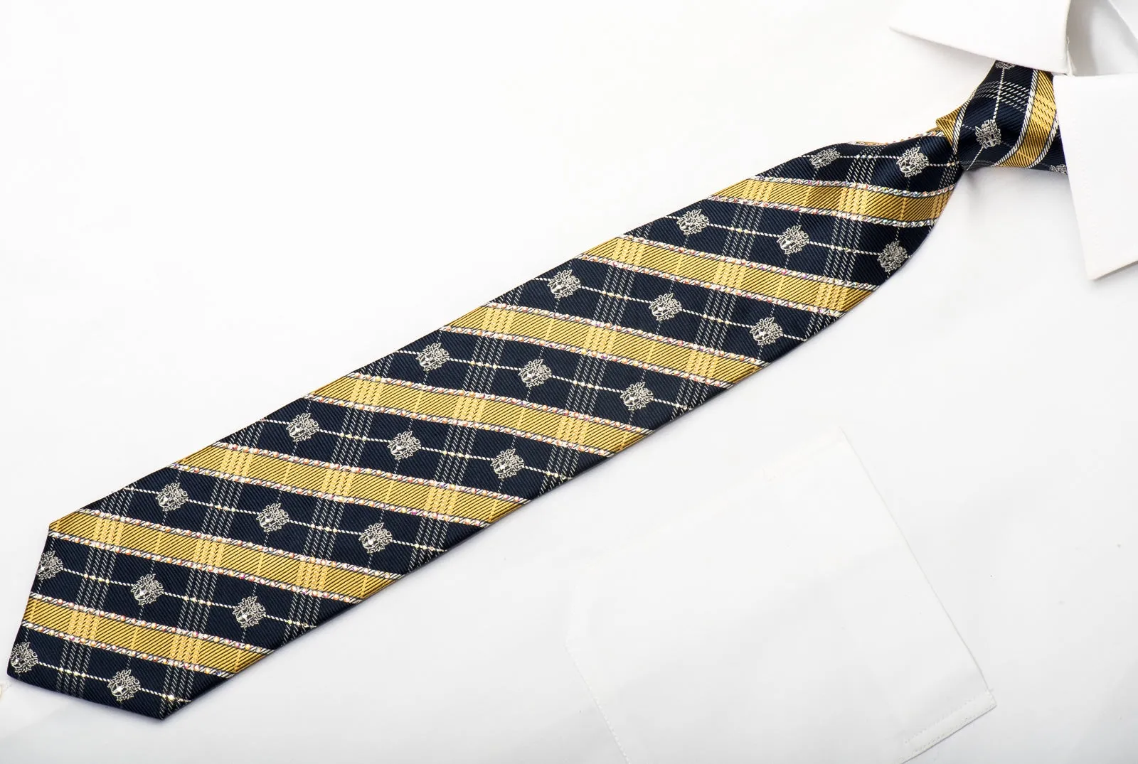 Daks Men's Silk Tie Gold Navy Silver Striped Sparkling With Crystal Rhinestones