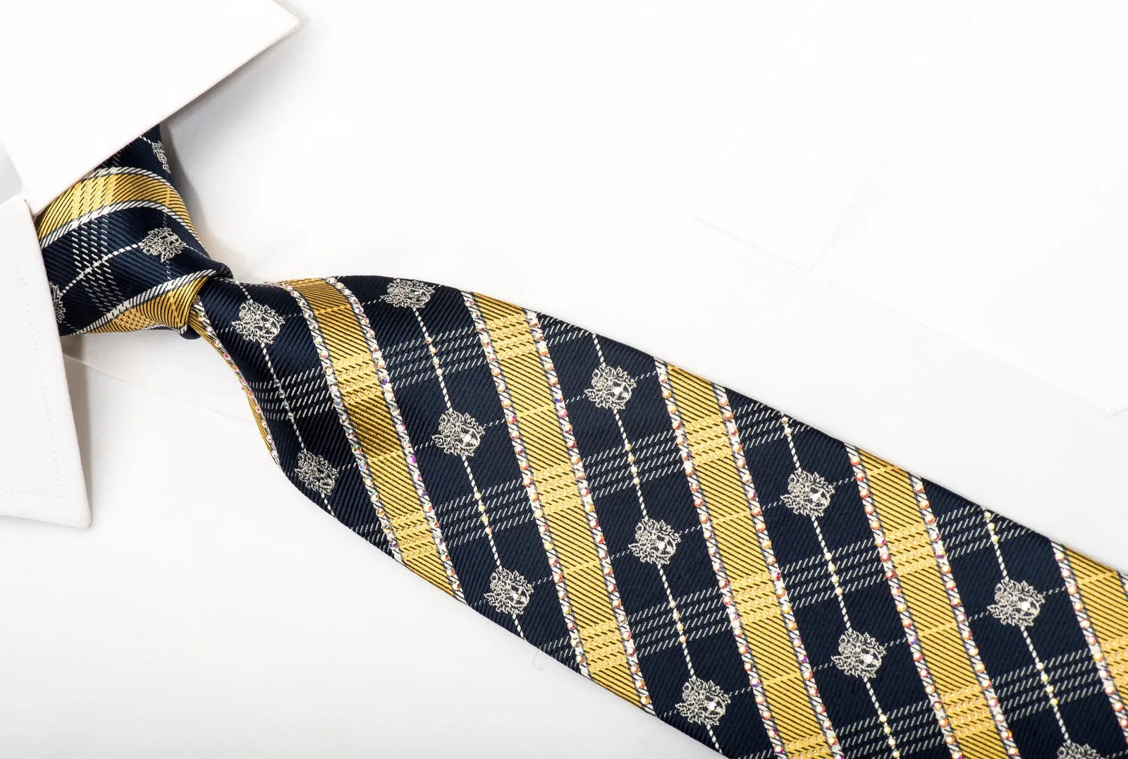 Daks Men's Silk Tie Gold Navy Silver Striped Sparkling With Crystal Rhinestones
