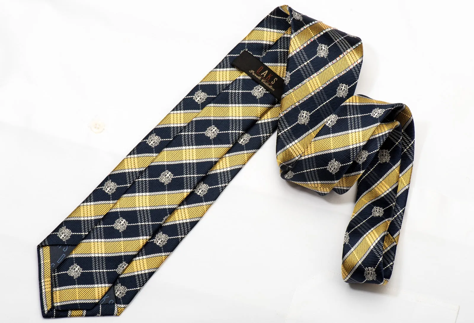 Daks Men's Silk Tie Gold Navy Silver Striped Sparkling With Crystal Rhinestones