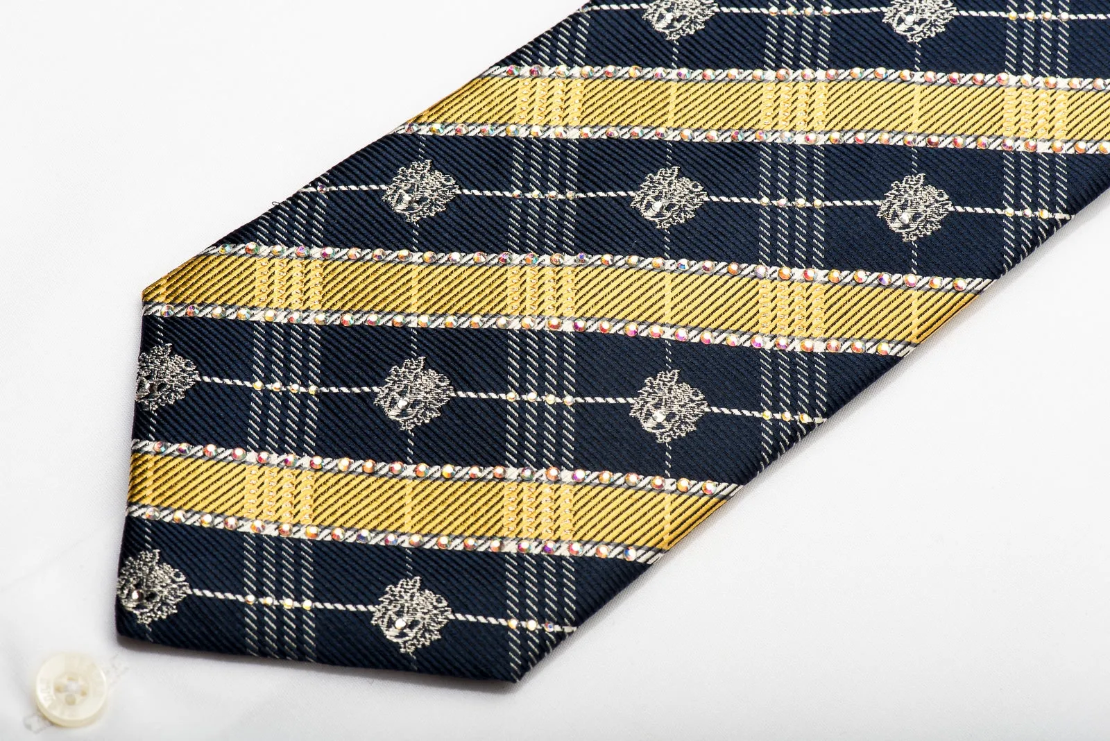 Daks Men's Silk Tie Gold Navy Silver Striped Sparkling With Crystal Rhinestones