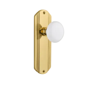 Deco Long Plate with White Porcelain Knob in Unlacquered Brass