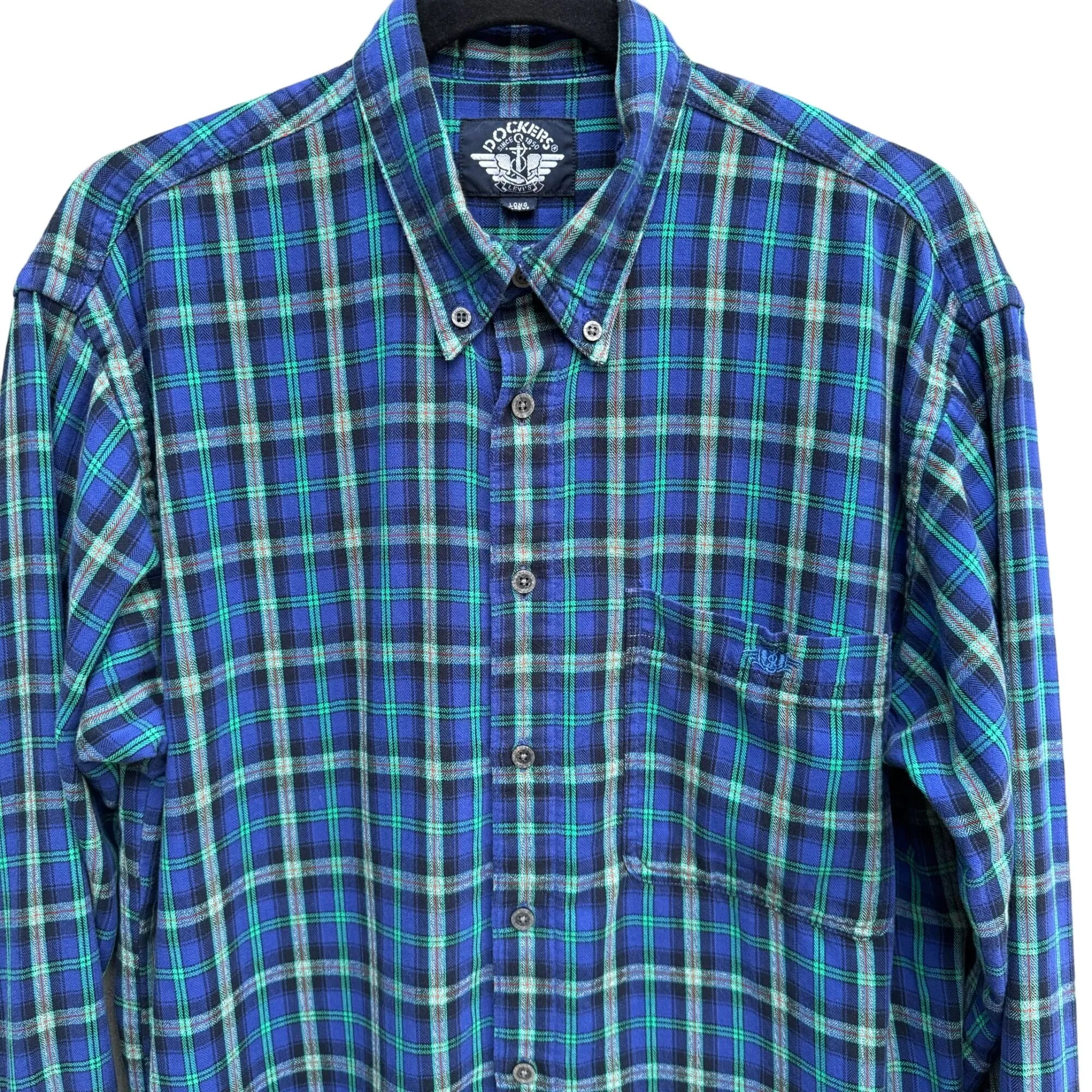 Dockers Mens Long Sleeve Blue Green Plaid Flannel Outdoor Grunge Button Shirt M