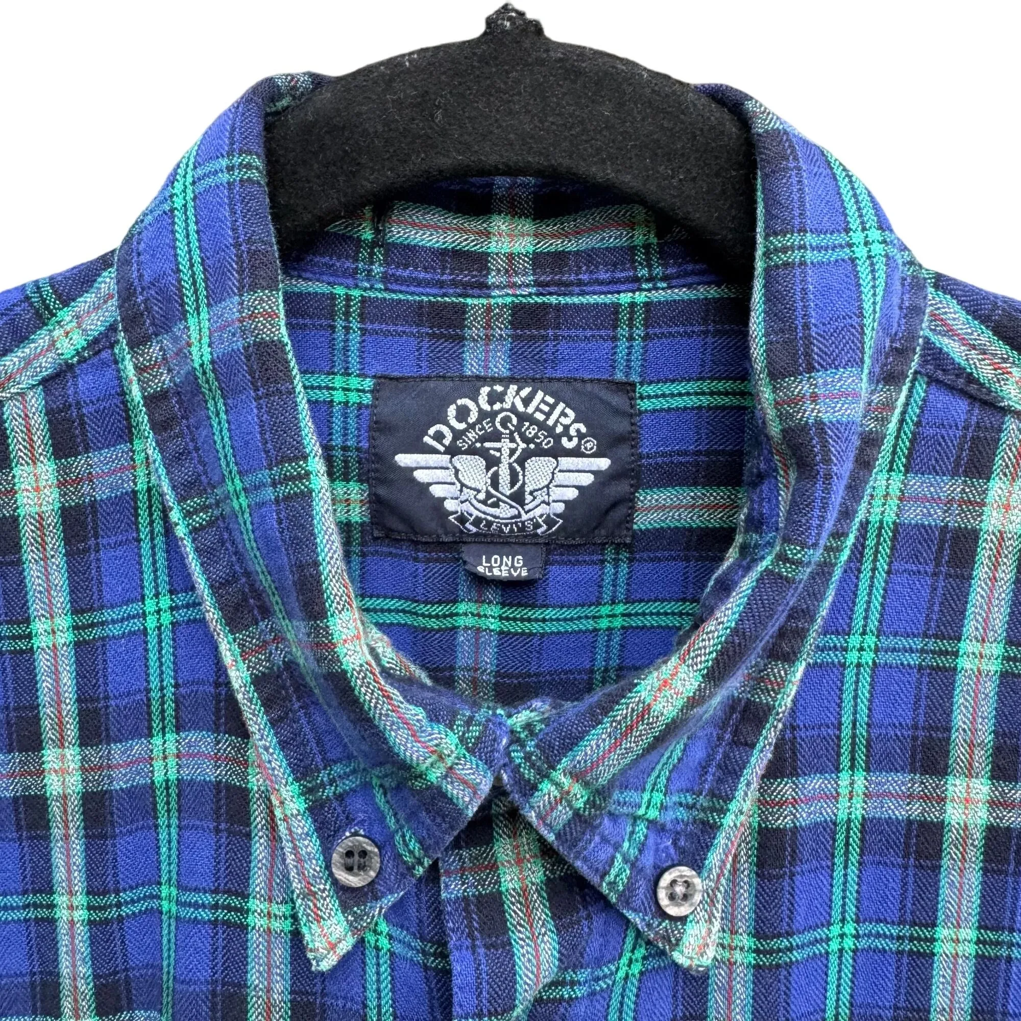 Dockers Mens Long Sleeve Blue Green Plaid Flannel Outdoor Grunge Button Shirt M