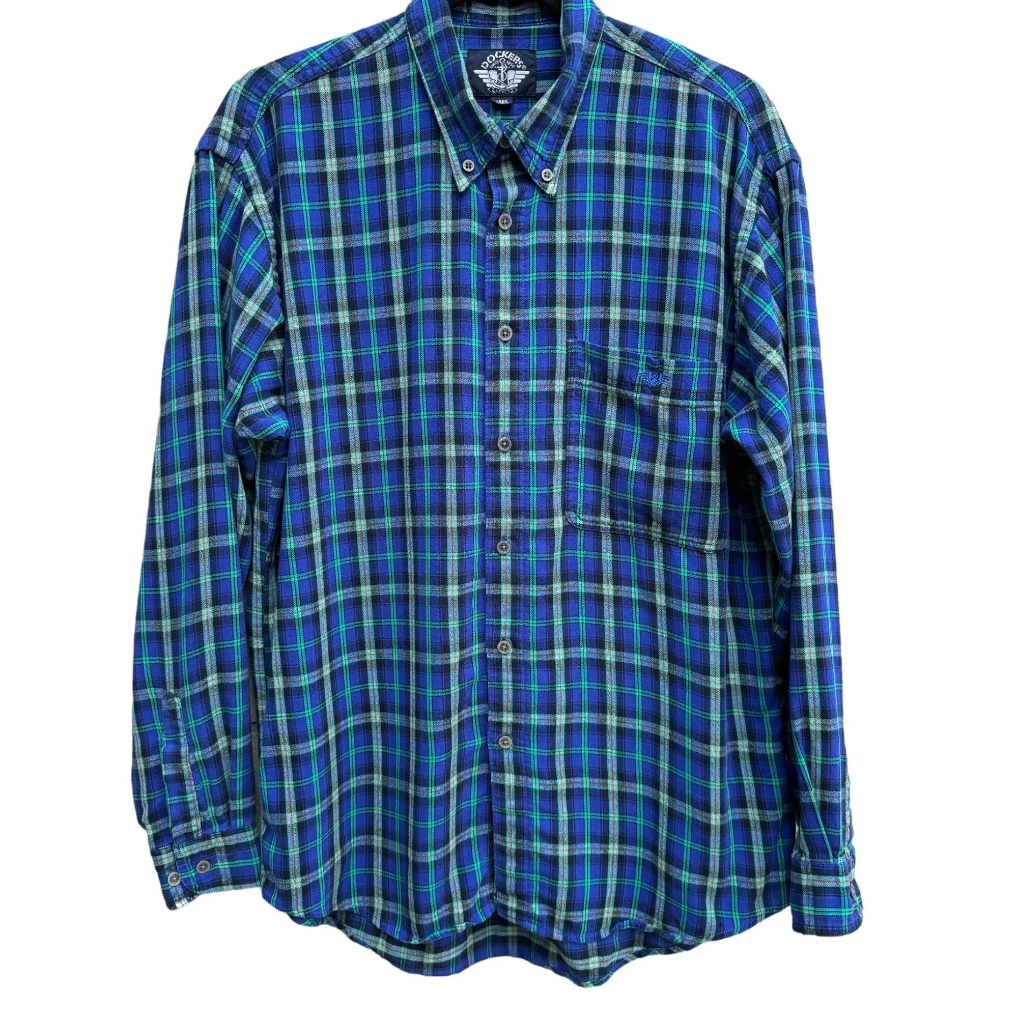 Dockers Mens Long Sleeve Blue Green Plaid Flannel Outdoor Grunge Button Shirt M