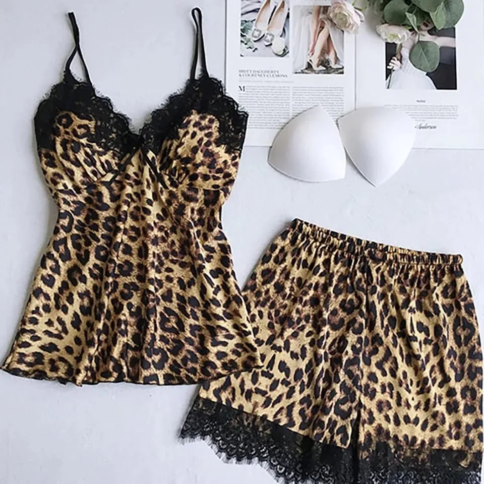 Flourish  High Quality 4pcs Padded Bridal Cheetah Printed Nightwear 1155