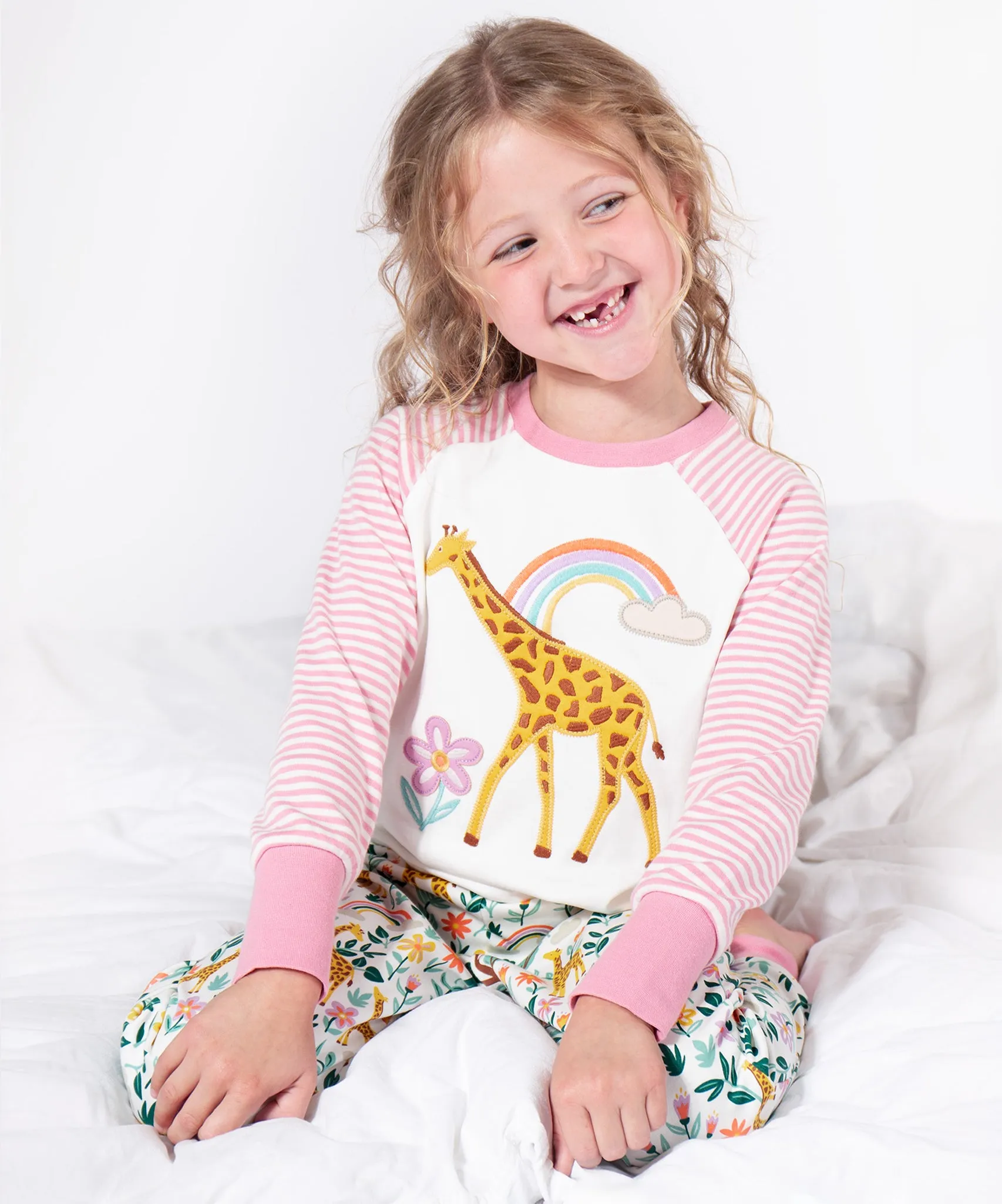 Frugi Jamie Jim Jams - White Giraffes/Cosmos Stripe
