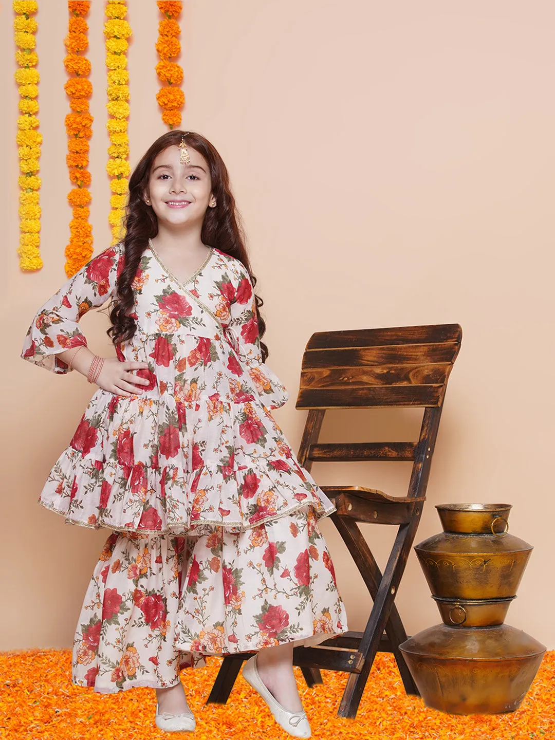Girls Off white red Printed Angrakha Kurta with Sharara