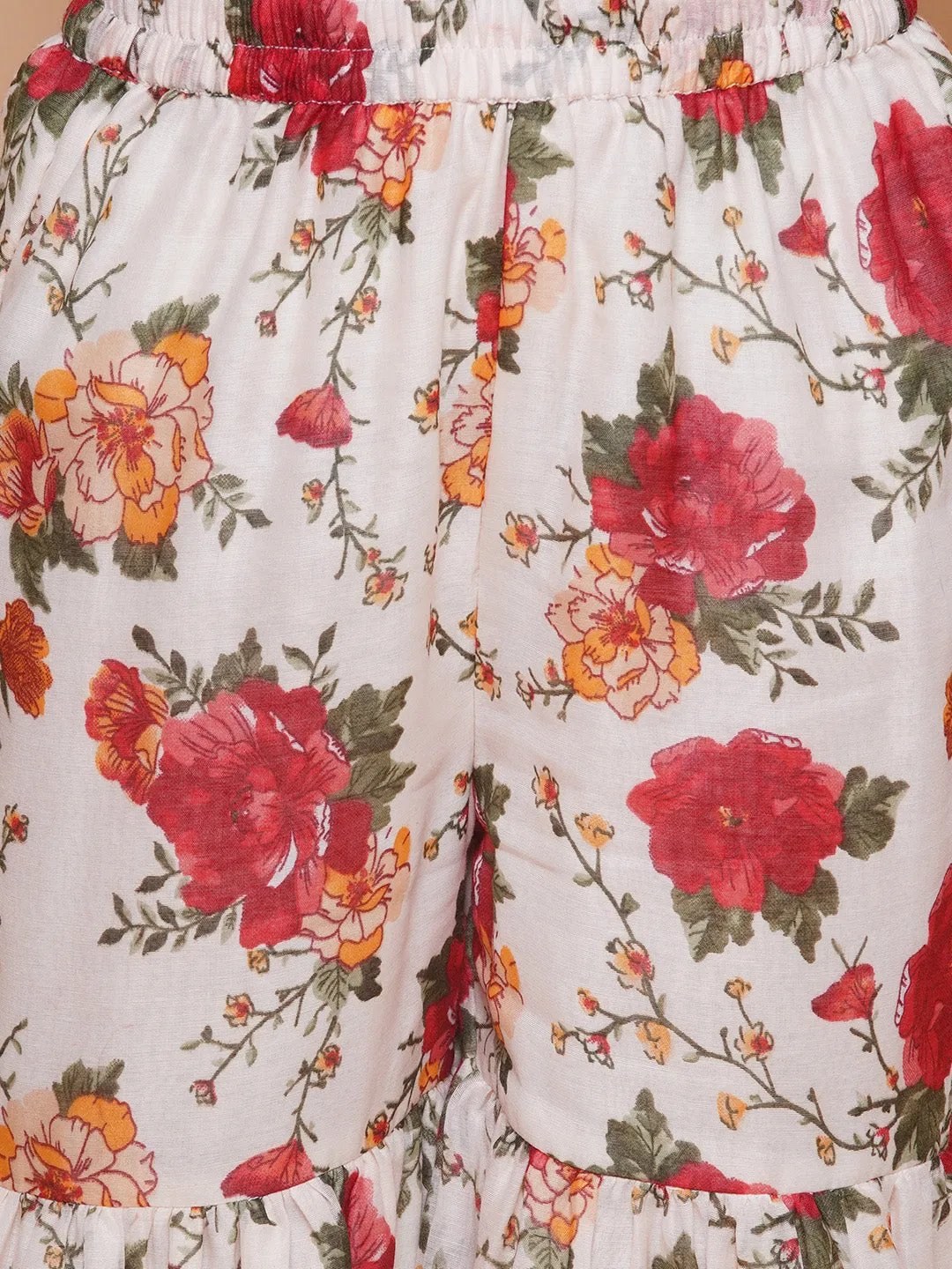 Girls Off white red Printed Angrakha Kurta with Sharara