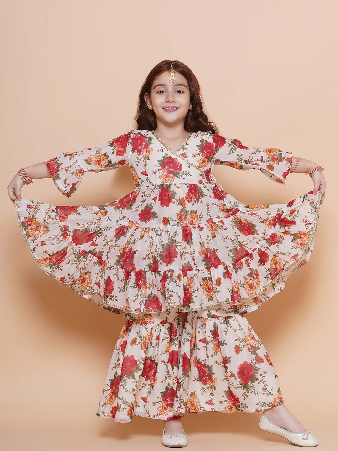 Girls Off white red Printed Angrakha Kurta with Sharara