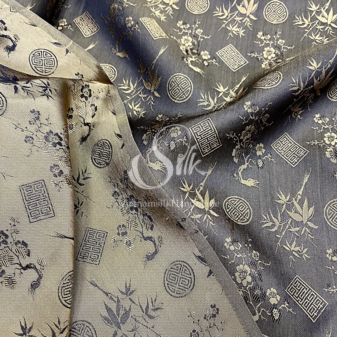 Gold Brown Silk with Traditional patterns  - PURE MULBERRY SILK fabric by the yard -  Floral Silk -Luxury Silk - Natural silk - Handmade in VietNam- Silk with Design