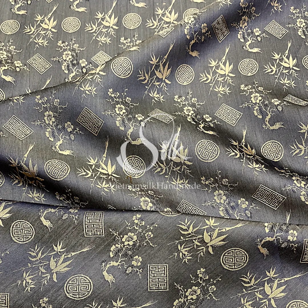 Gold Brown Silk with Traditional patterns  - PURE MULBERRY SILK fabric by the yard -  Floral Silk -Luxury Silk - Natural silk - Handmade in VietNam- Silk with Design