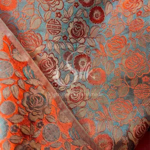 Green Silk with Orange Flowers - PURE MULBERRY SILK fabric by the yard -  Floral Silk - Rose Silk -Luxury Silk - Natural silk - Handmade in VietNam