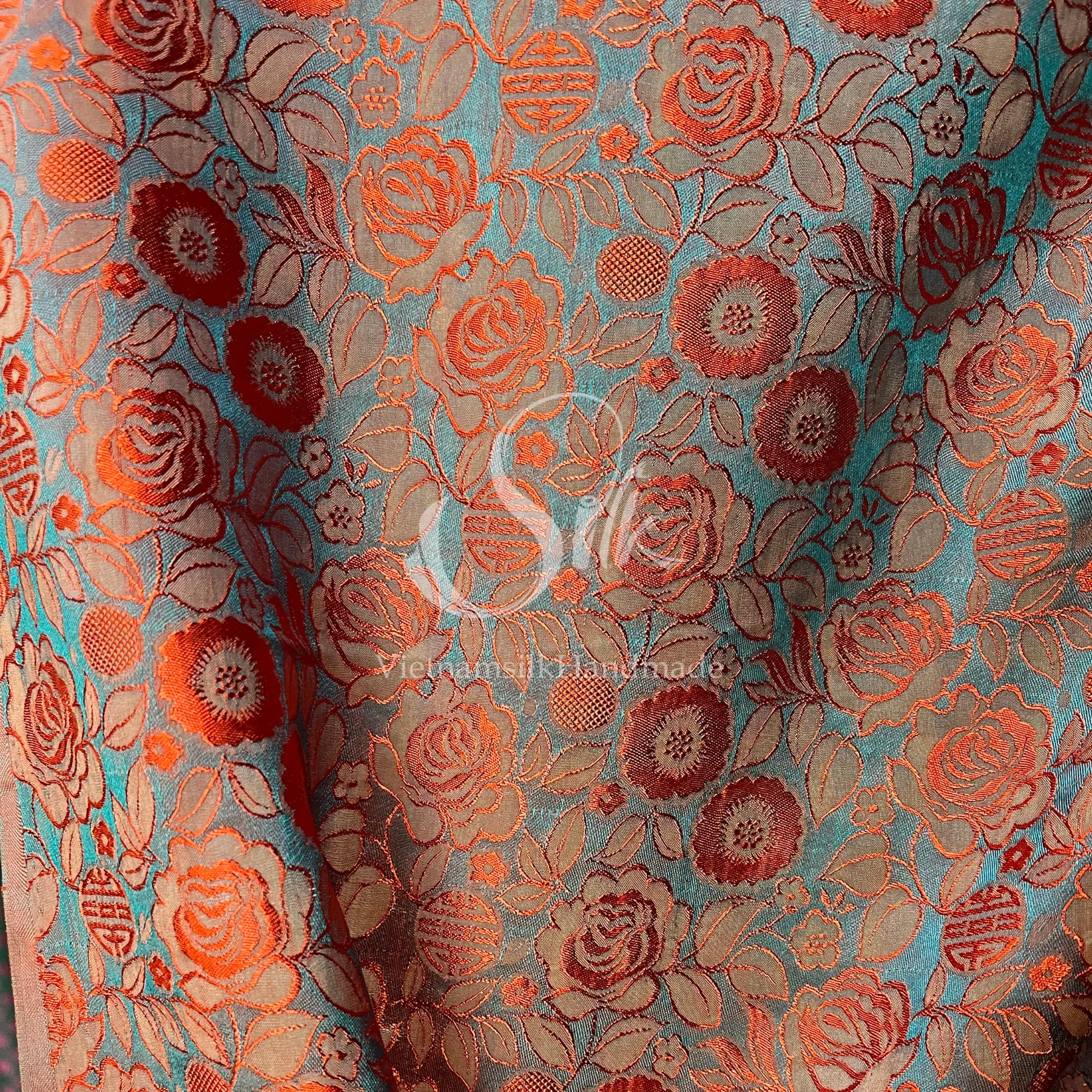 Green Silk with Orange Flowers - PURE MULBERRY SILK fabric by the yard -  Floral Silk - Rose Silk -Luxury Silk - Natural silk - Handmade in VietNam