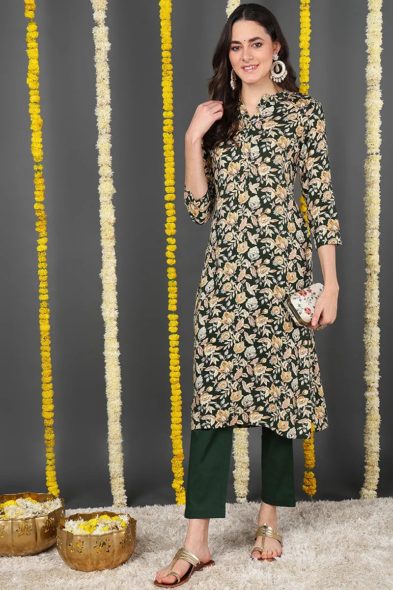Green Viscose Rayon Floral Printed Straight Kurta