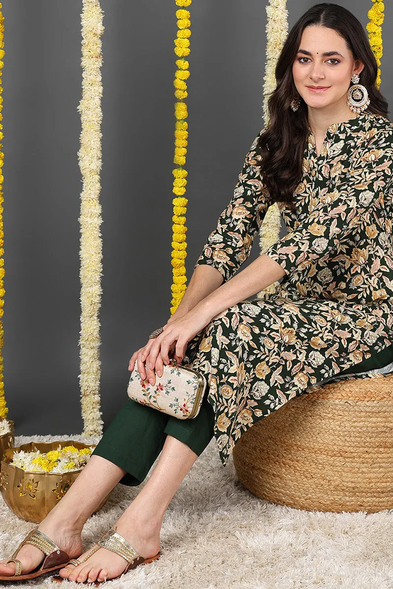 Green Viscose Rayon Floral Printed Straight Kurta