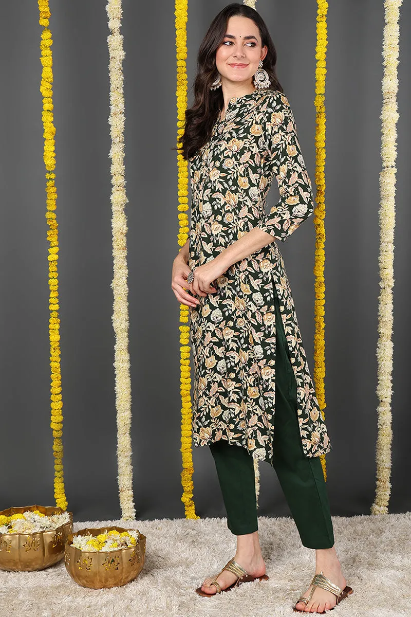 Green Viscose Rayon Floral Printed Straight Kurta