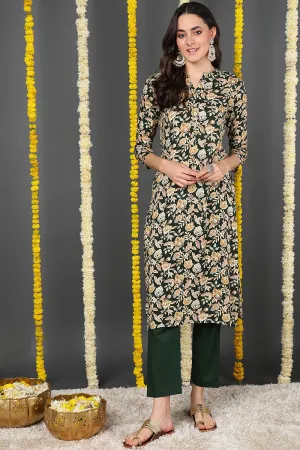 Green Viscose Rayon Floral Printed Straight Kurta