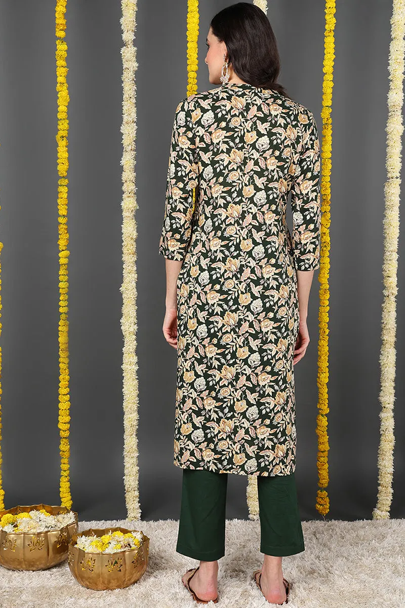 Green Viscose Rayon Floral Printed Straight Kurta