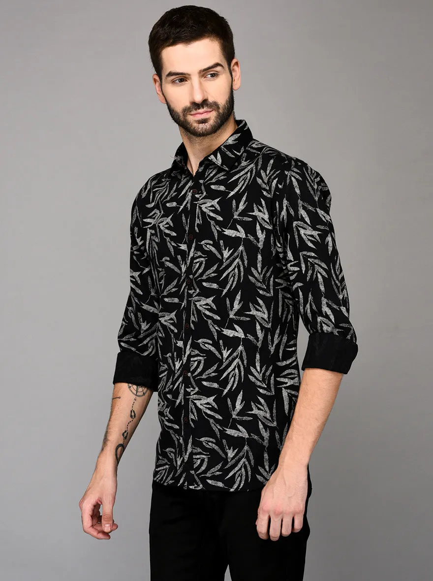 Greenfibre Black Printed Slim Fit Casual Shirt