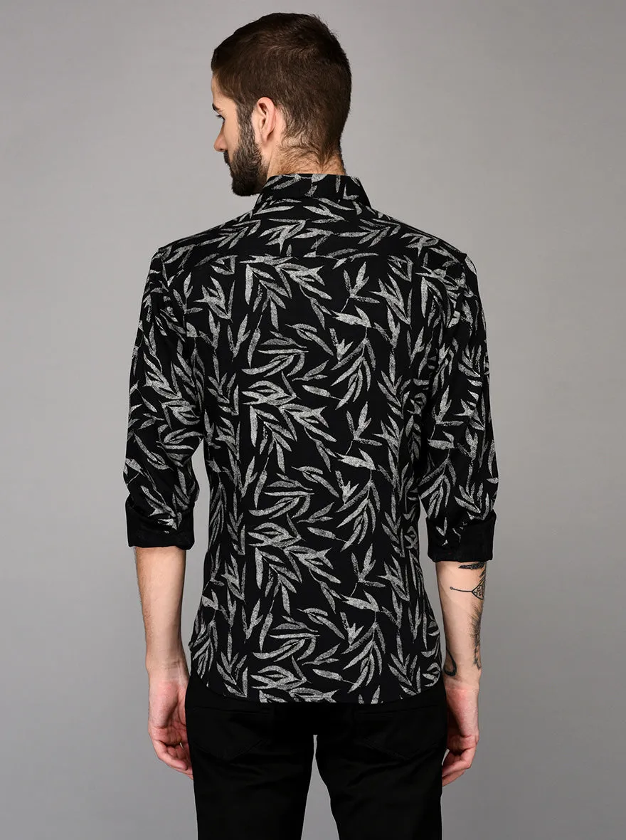 Greenfibre Black Printed Slim Fit Casual Shirt