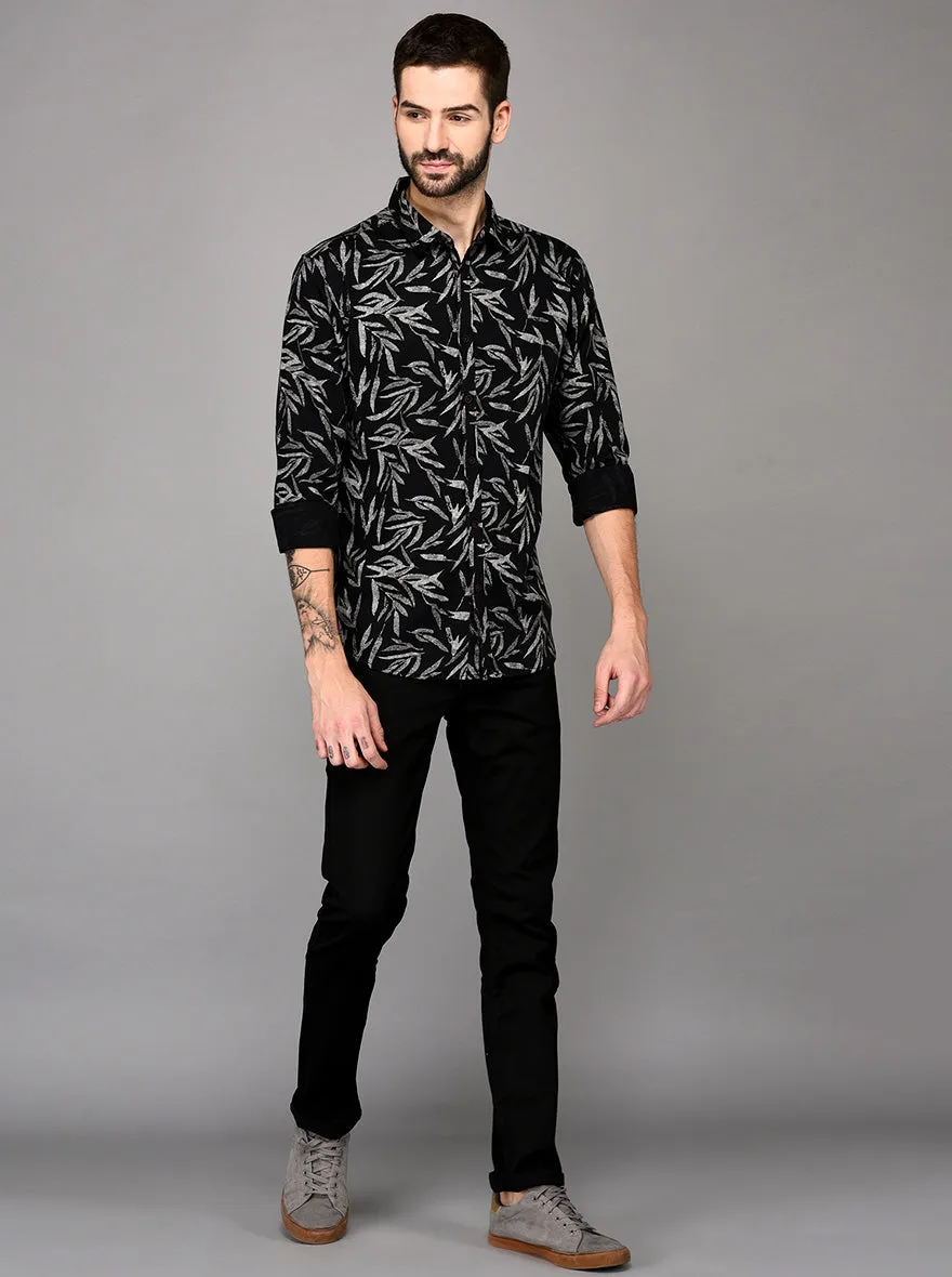 Greenfibre Black Printed Slim Fit Casual Shirt