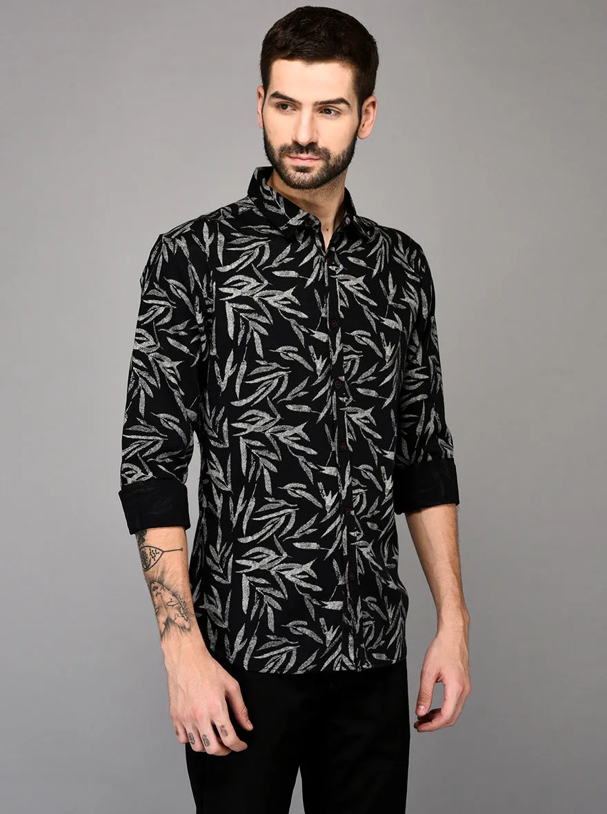 Greenfibre Black Printed Slim Fit Casual Shirt