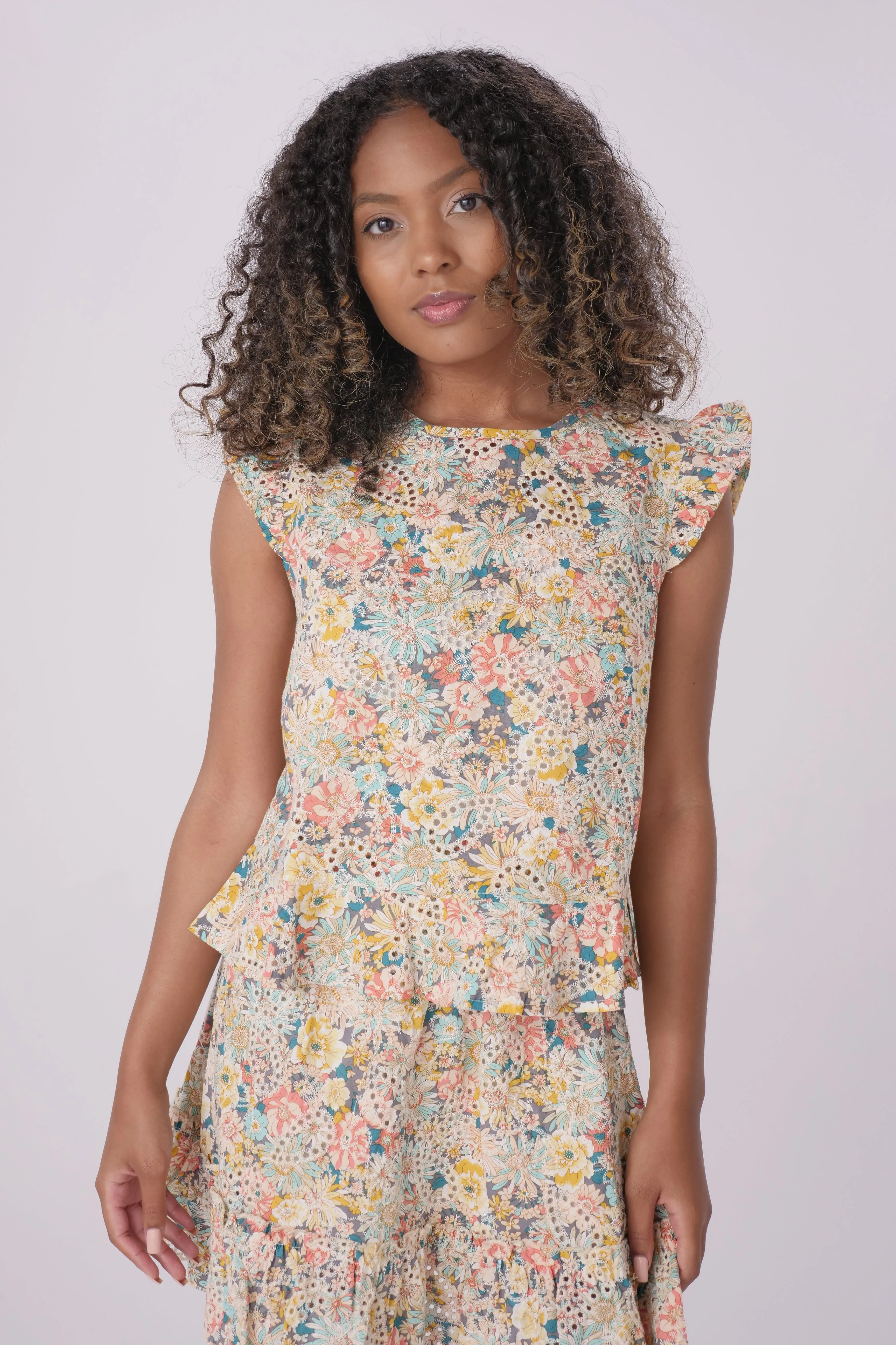 Grey Tropical Floral Printed Eyelet Top