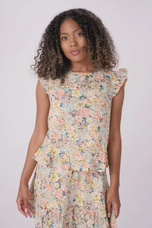 Grey Tropical Floral Printed Eyelet Top