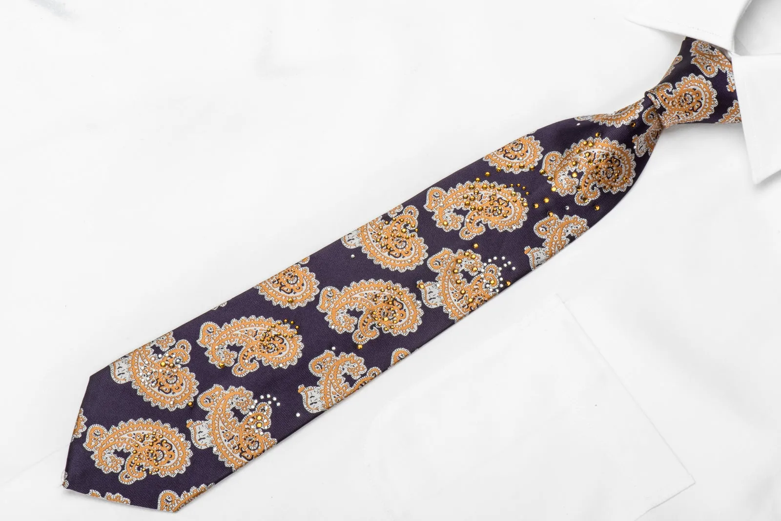 Guy Laroche Men's Crystal Tie Yellow Paisley On Navy Blue Sparkling With Rhinestones