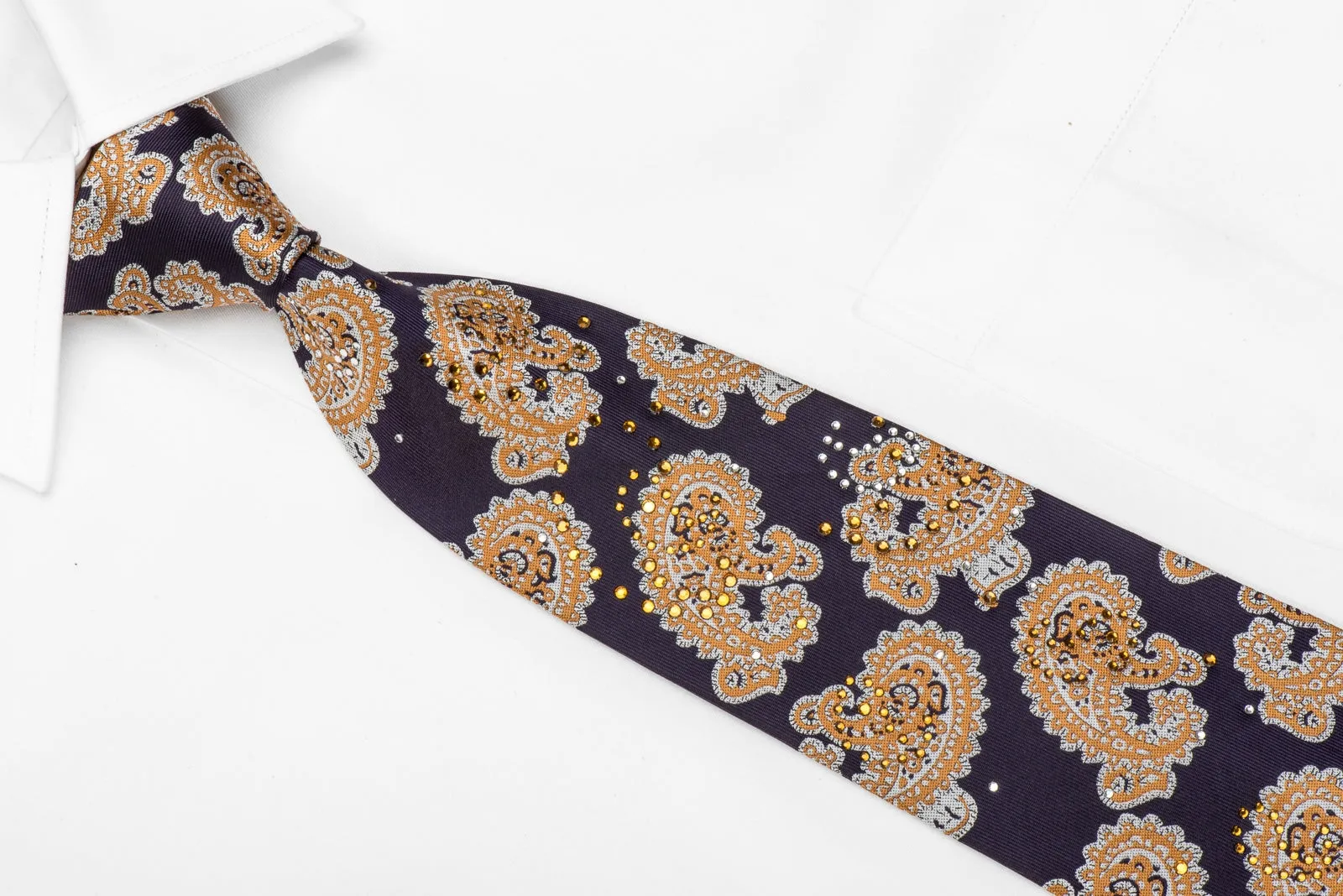 Guy Laroche Men's Crystal Tie Yellow Paisley On Navy Blue Sparkling With Rhinestones