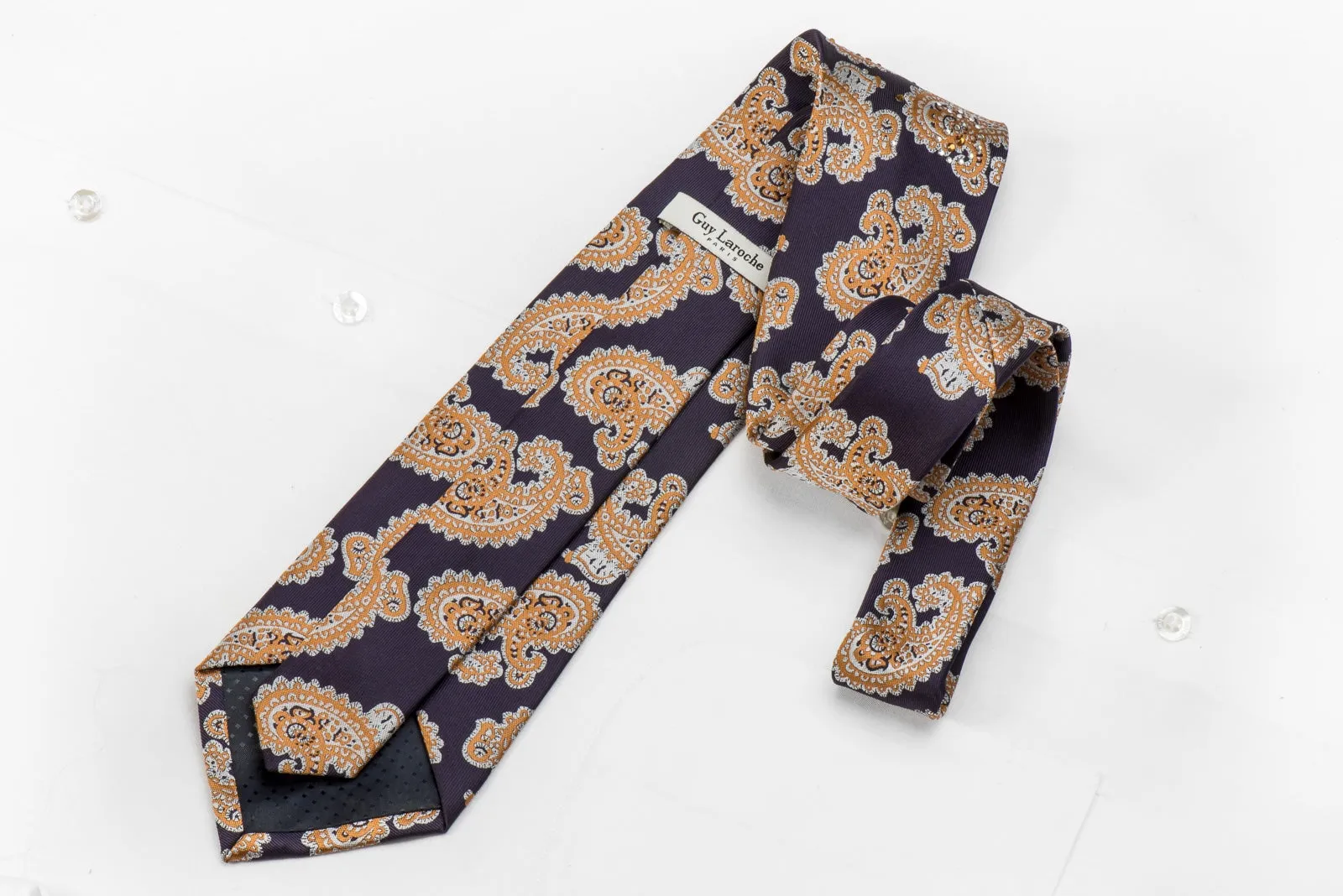 Guy Laroche Men's Crystal Tie Yellow Paisley On Navy Blue Sparkling With Rhinestones