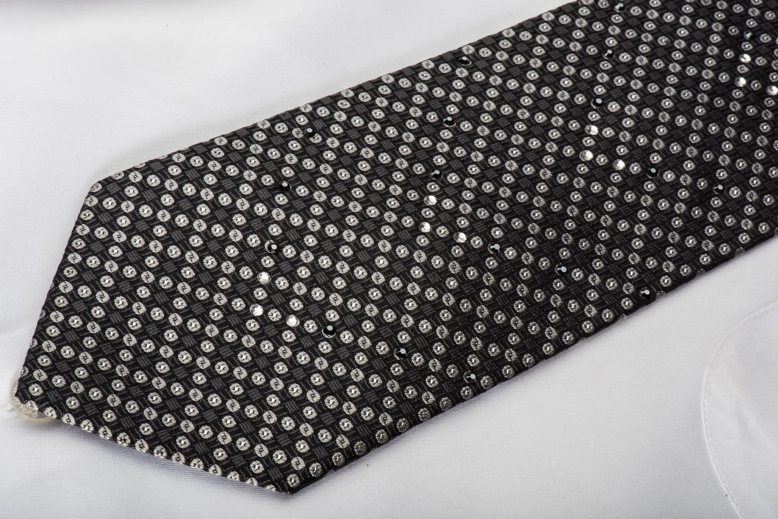 Guy Laroche Rhinestone Silk Necktie Silver Dots On Black With Silver Sparkles