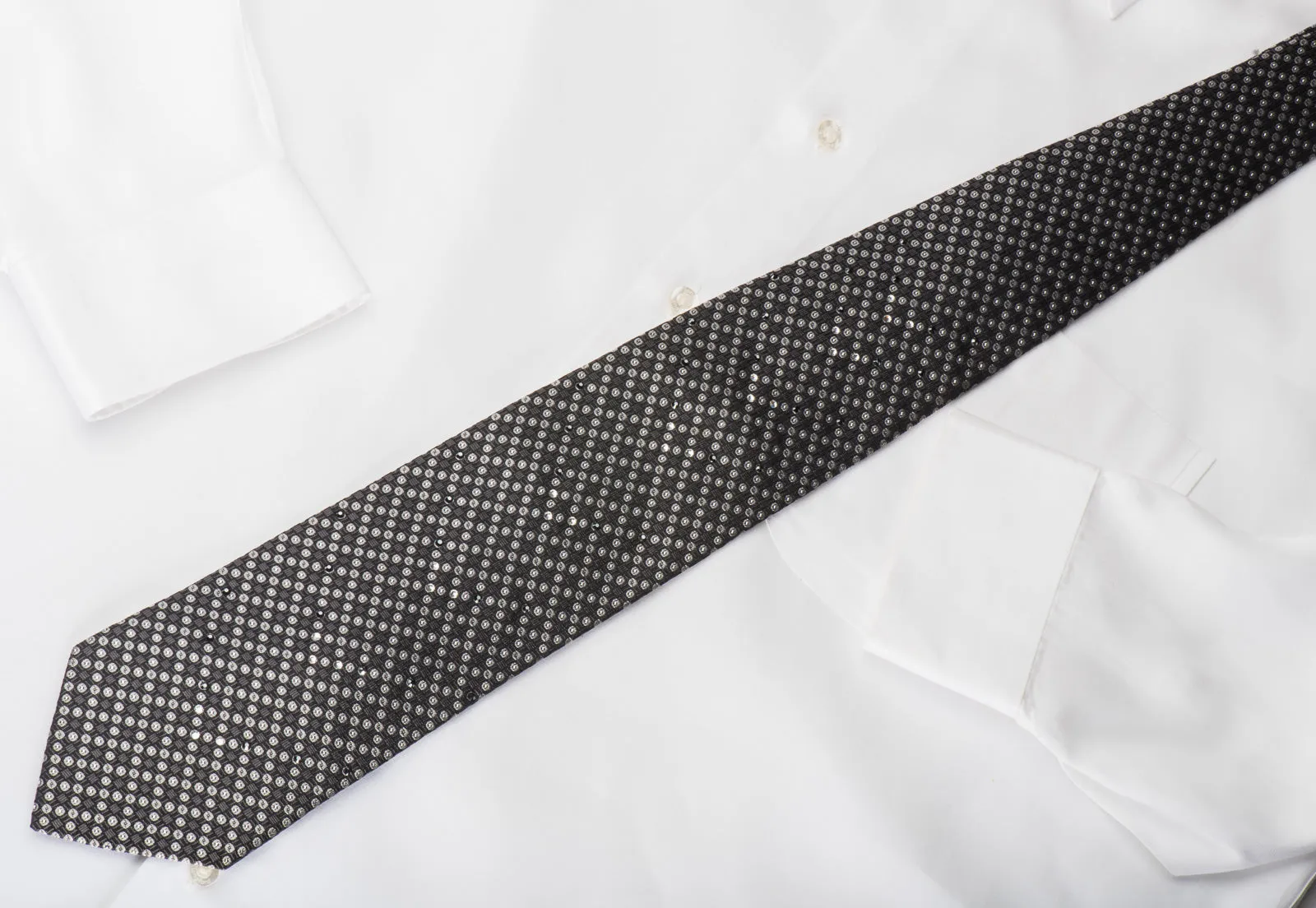 Guy Laroche Rhinestone Silk Necktie Silver Dots On Black With Silver Sparkles