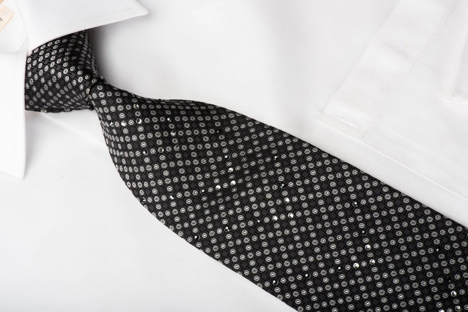 Guy Laroche Rhinestone Silk Necktie Silver Dots On Black With Silver Sparkles