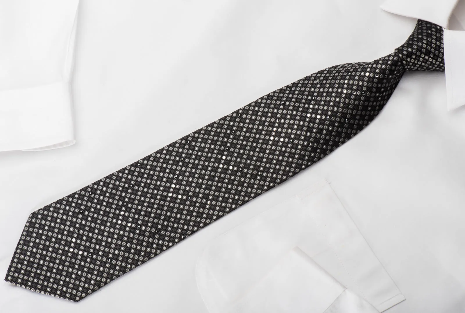 Guy Laroche Rhinestone Silk Necktie Silver Dots On Black With Silver Sparkles